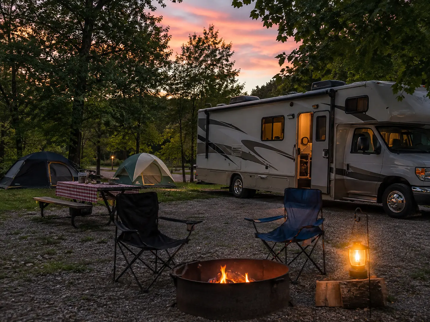 Husbil och tält på campingplats i skymningen med lägereld
