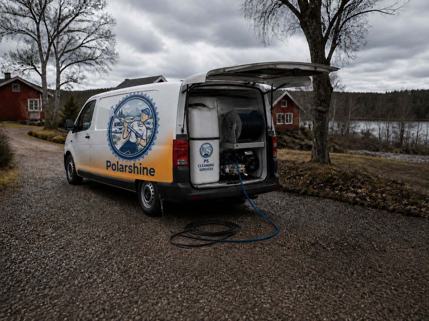 Polarshines mobila tvättbil med vattentank och slangvinda