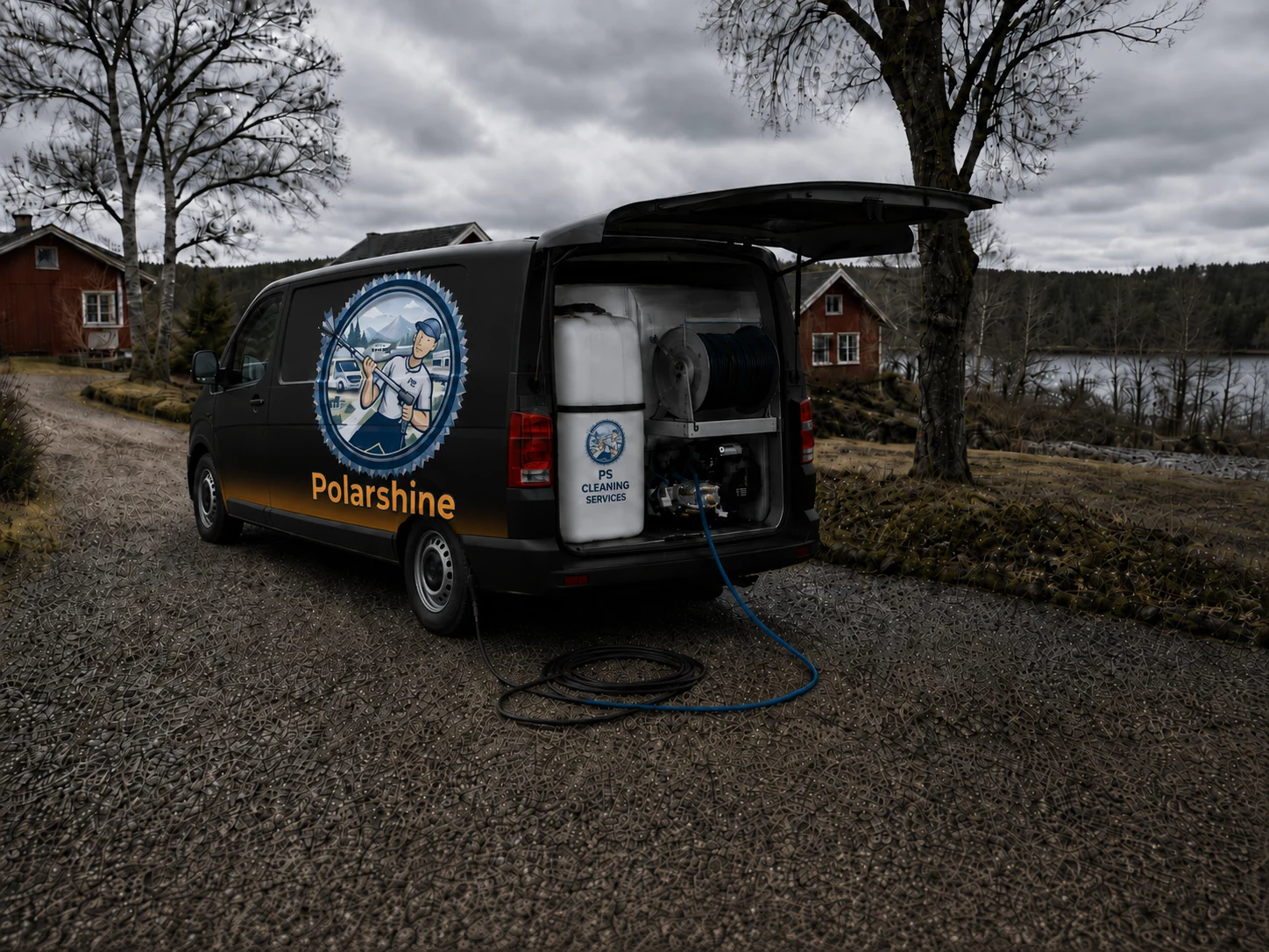 Polarshines mobila tvättbil med vattentank och slangvinda